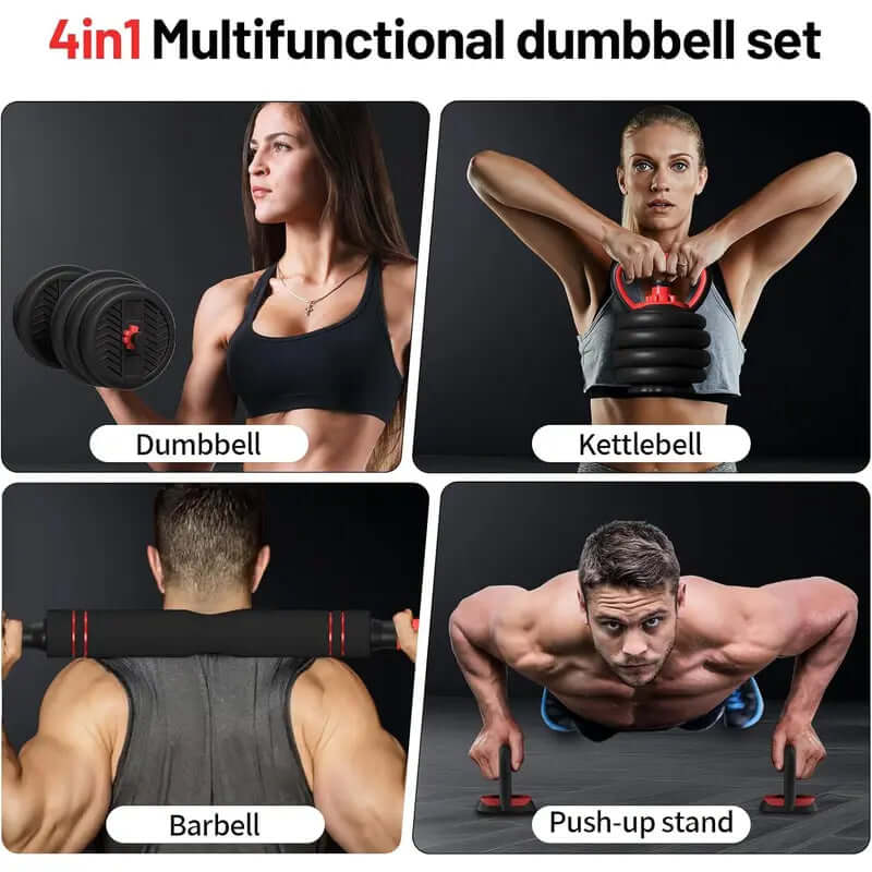 Unisex Adjustable Weights Multi-Use Set - 20/30/40/60/80Lbs 4-In-1 Convertible to Barbell/Kettlebell/Push-Up Stand for Home Gym Training