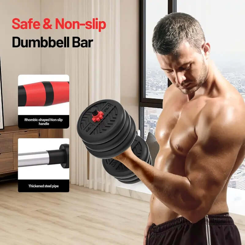 Unisex Adjustable Weights Multi-Use Set - 20/30/40/60/80Lbs 4-In-1 Convertible to Barbell/Kettlebell/Push-Up Stand for Home Gym Training